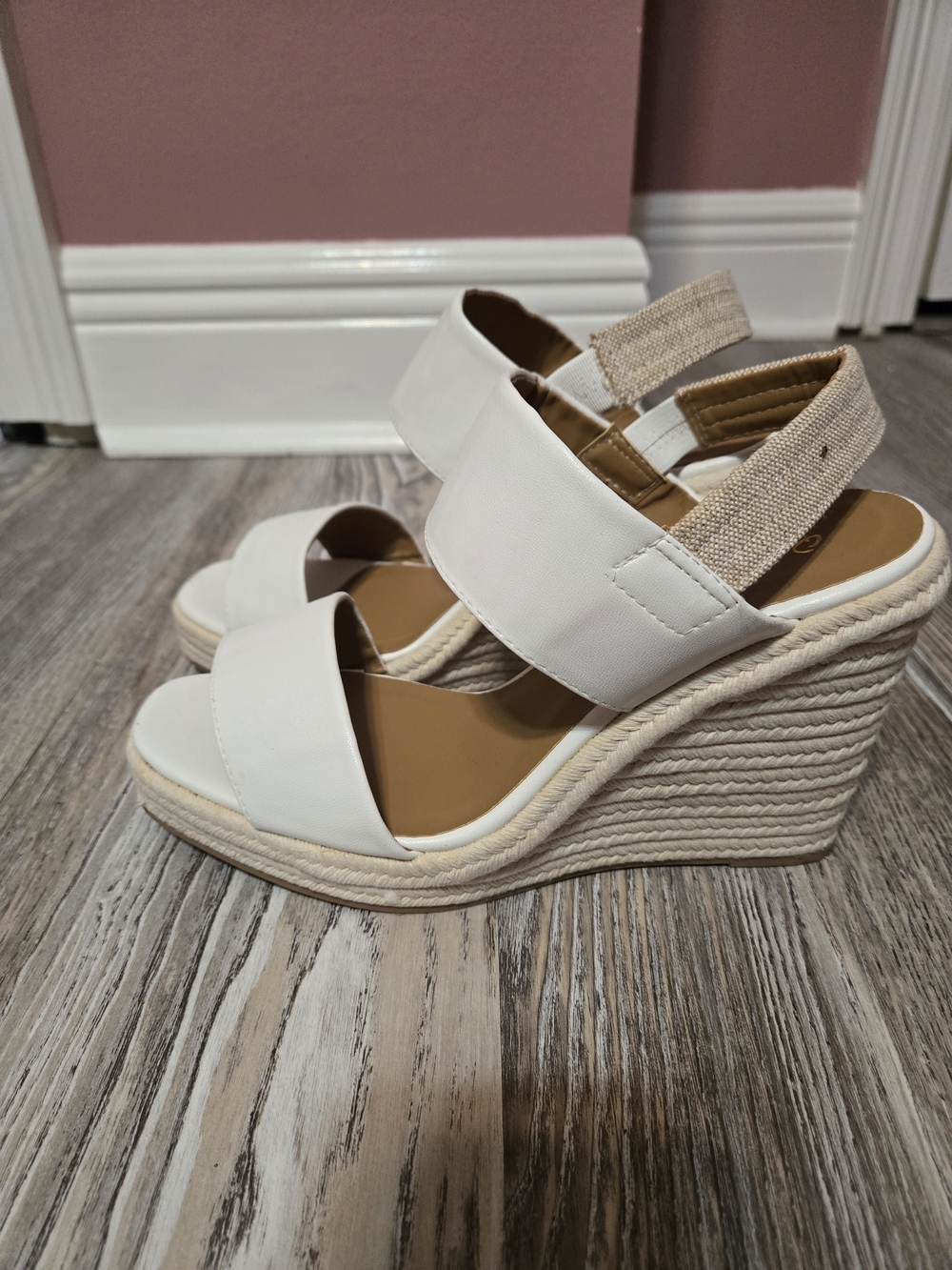 Qupid White Wedge Sandals with Tan Slingback
